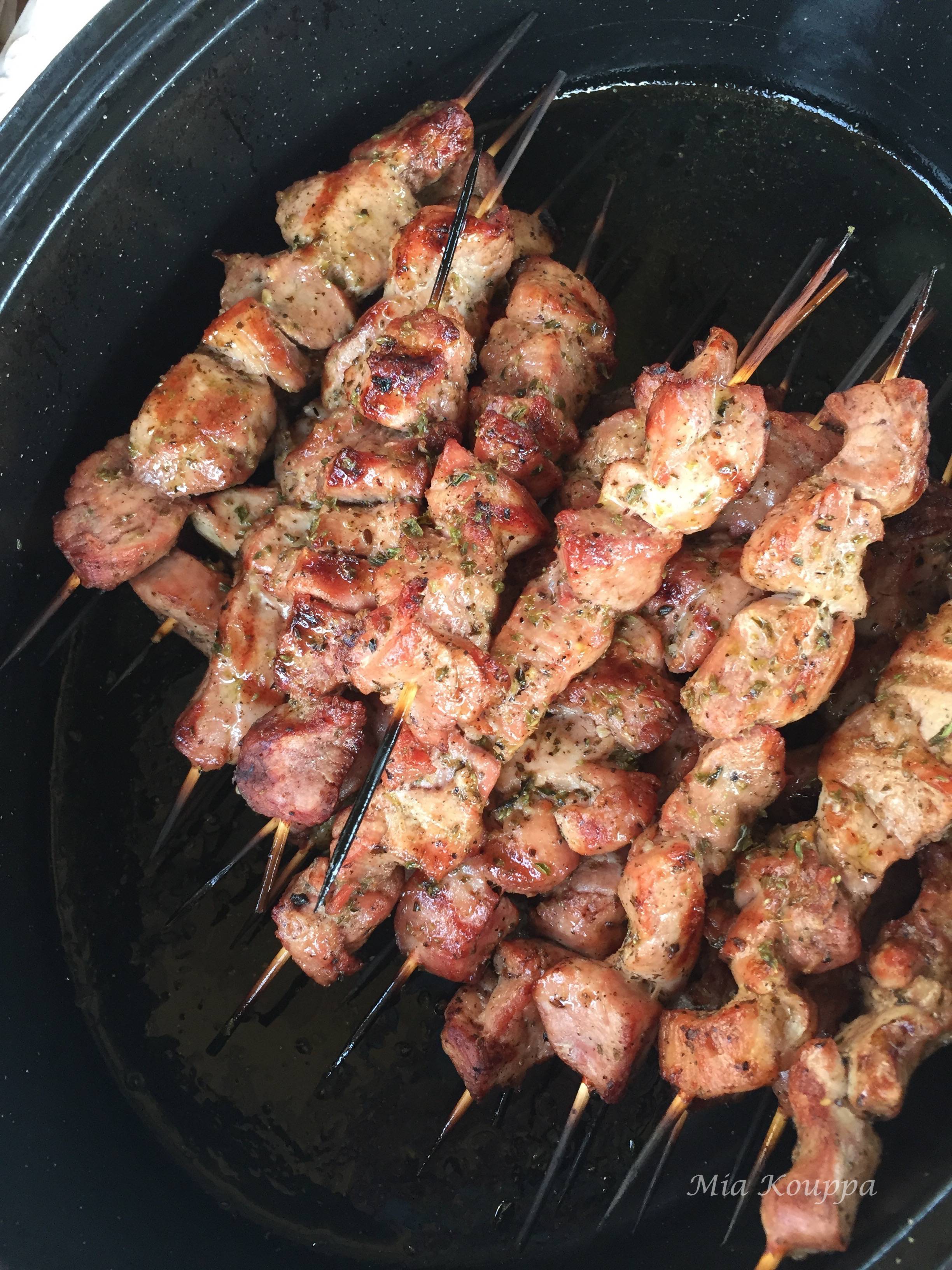 Grilled Pork souvlaki recipe. Marinated overnight, and deliciously flavourful and tender