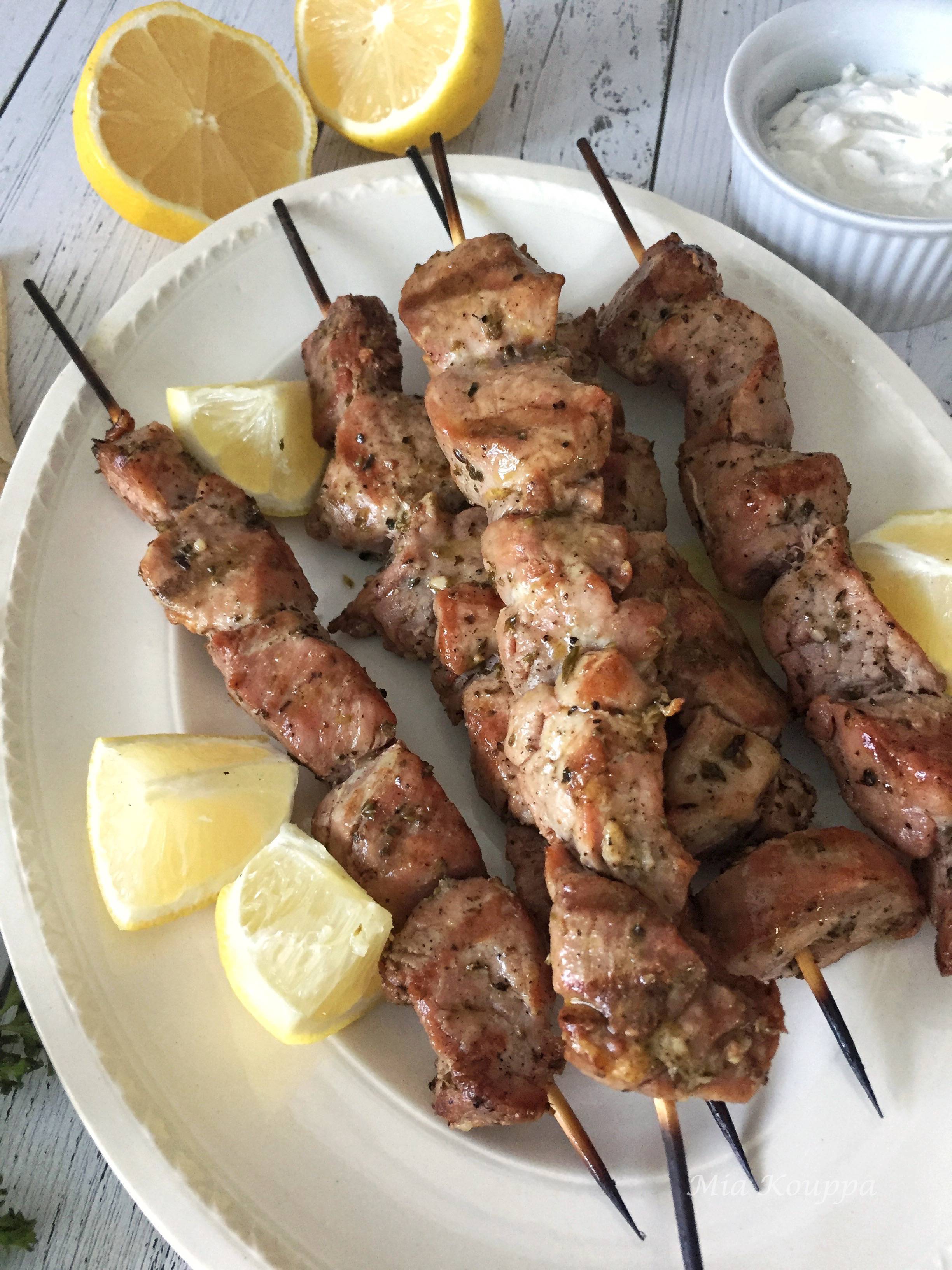 Grilled Pork souvlaki recipe. Marinated overnight, and deliciously flavourful and tender