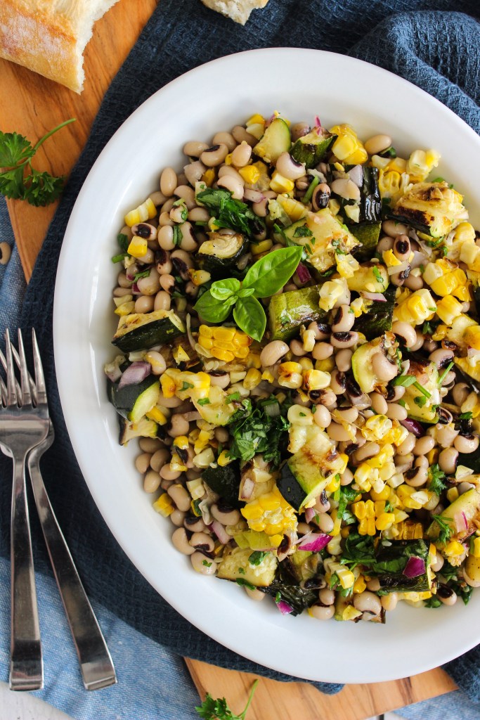 Grilled zucchini salad with corn and black-eyed peas