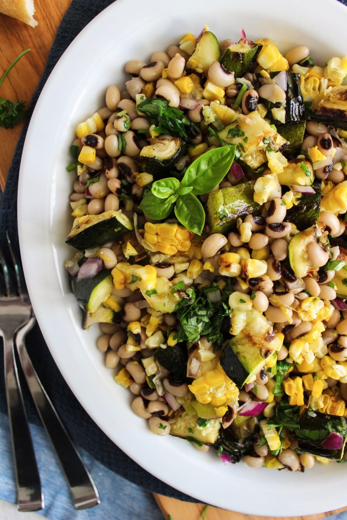 Grilled zucchini salad with corn and black-eyed peas