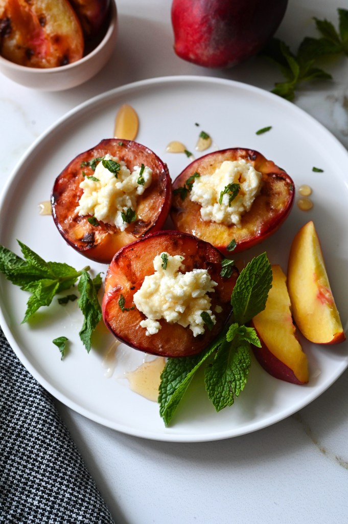 Grilled peaches with feta and honey is a simple and delicious summer dessert or brunch idea