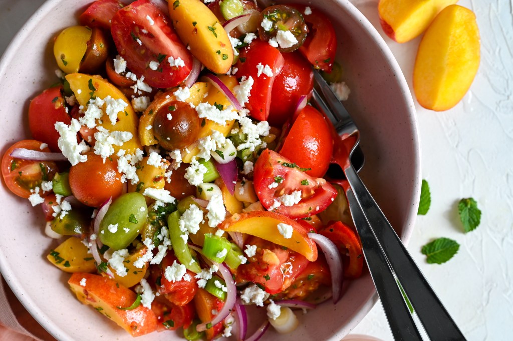 Peach, tomato and feta salad is a refreshing and delicious summer side or light meal.