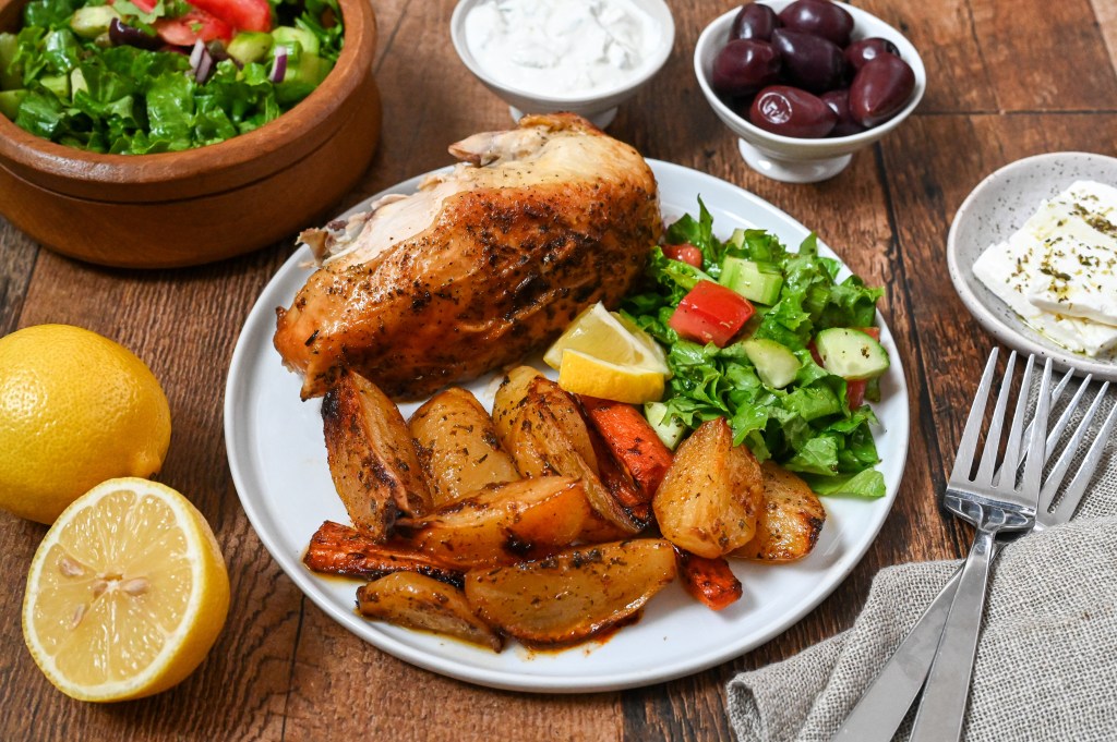 The best roast chicken and Greek-style potatoes full of lemon flavour and roasted to perfection.
