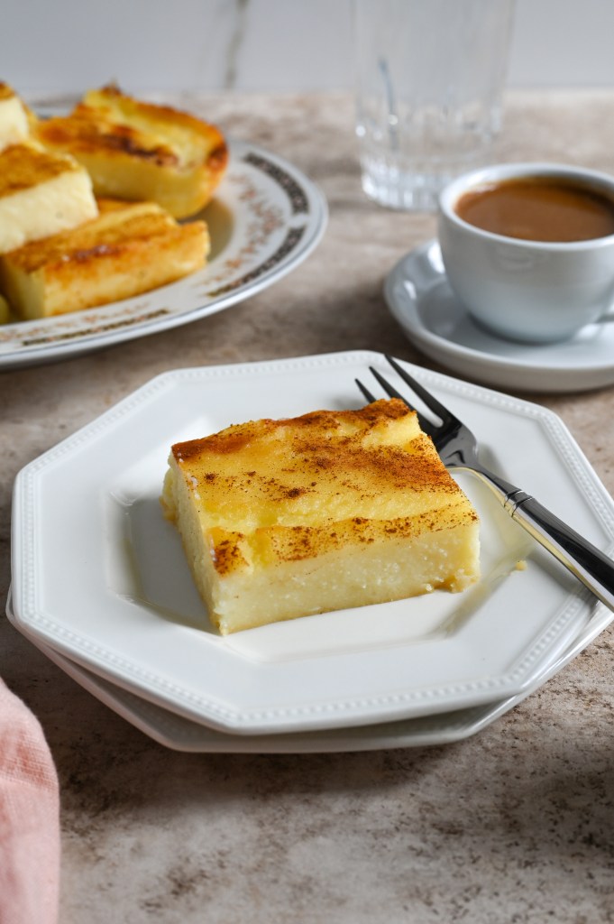 Galatopita is a Greek milk custard pie made without phyllo or crust.