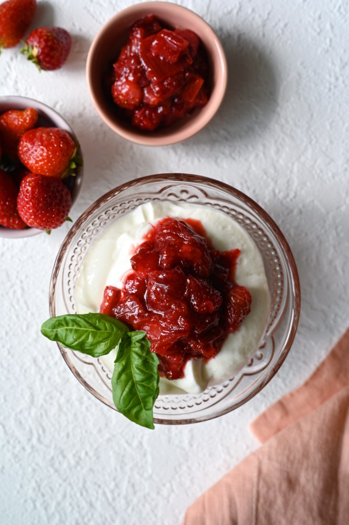 A delicious sweet and tart compote made from fresh strawberry and rhubarb.