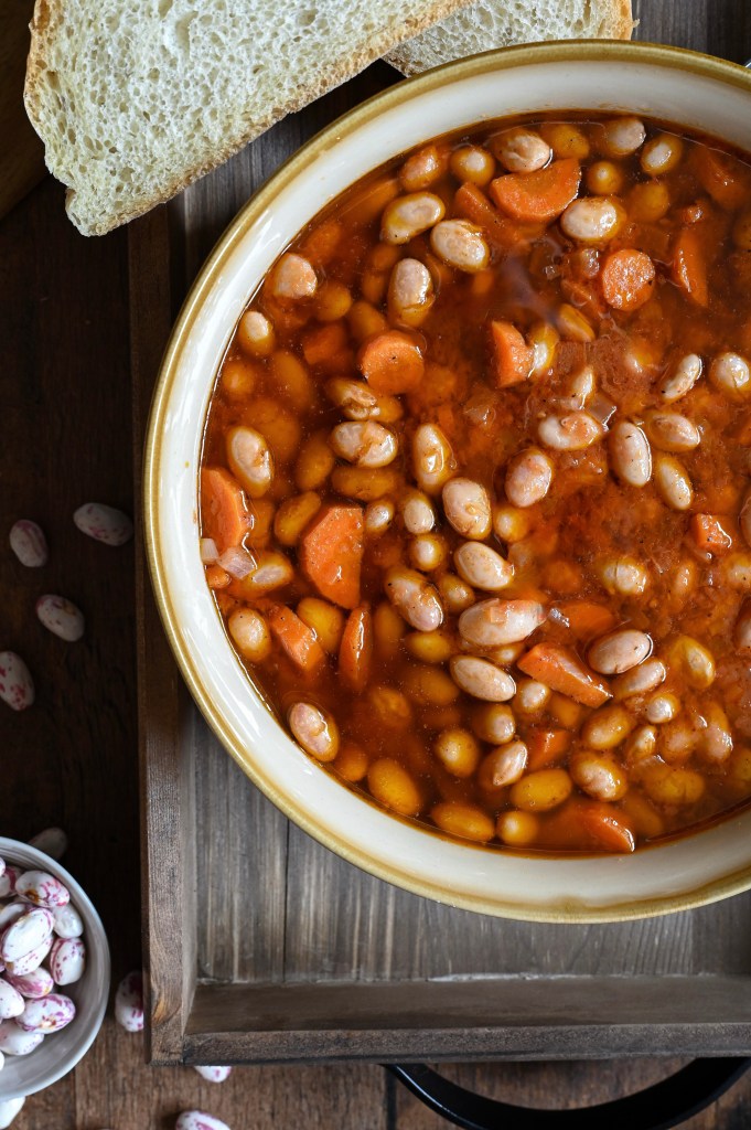 Healthy vegan borlotti bean soup made with fresh beans.