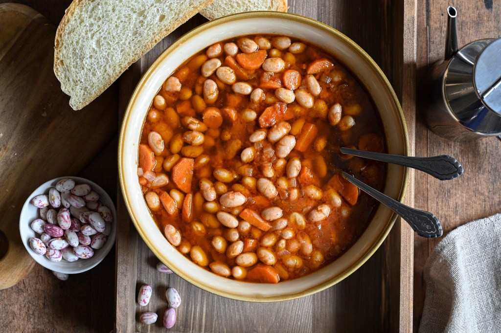 Healthy vegan borlotti bean soup made with fresh beans.