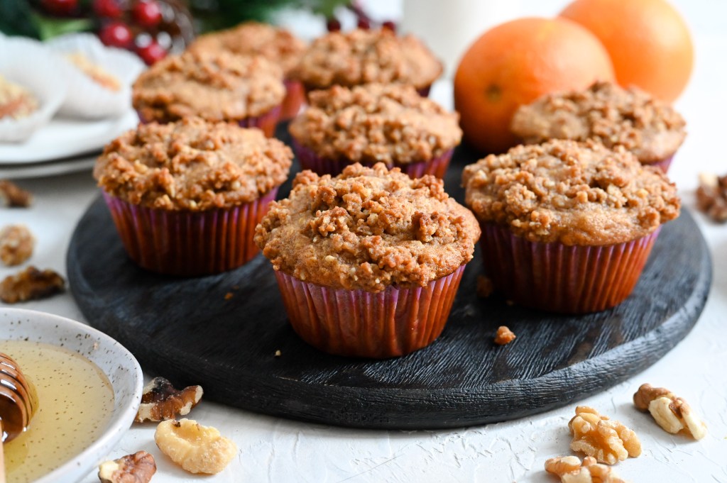 Melomakarona muffins: Orange, walnut flavoured muffins with a melomakarona streusel topping.