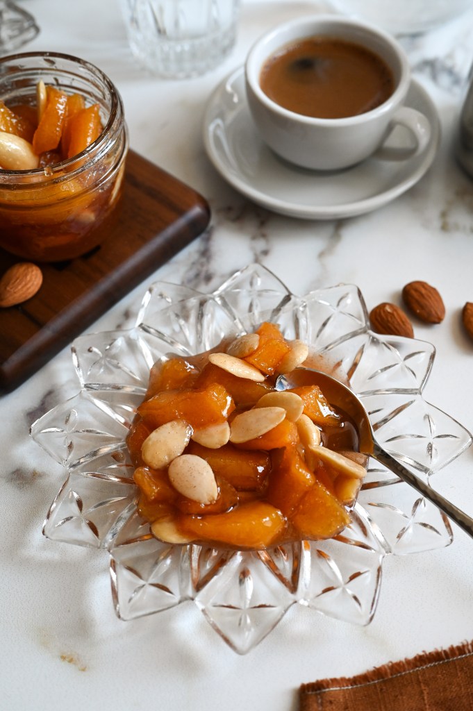Quince spoon sweet is a classic Greek dessert of fruit boiled in a syrup.