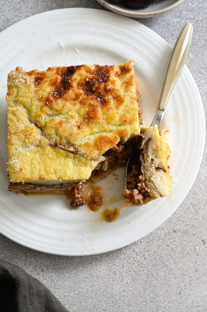 Moussaka is a Greek classic made of layered eggplant, potato, meat sauce and béchamel.